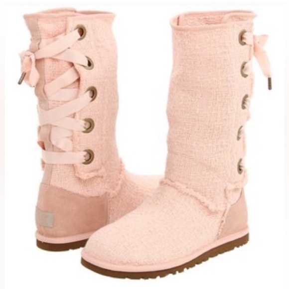 UGG Australian Heirloom Apricot Canvas Lace up Pink Boots women’s size 5 - Picture 1 of 9
